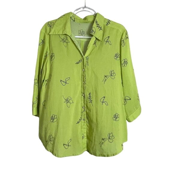 Fridaze 100% Linen Button Up‎ Shirt Tunic Size M Lagenlook Green Black - Picture 1 of 7
